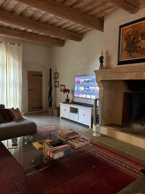 TV room with stone fireplace