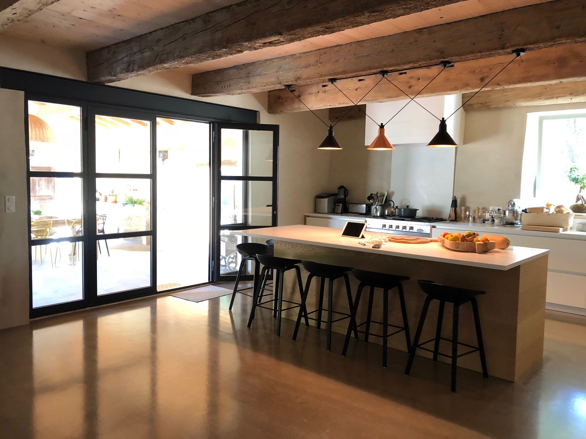 The kitchen with its long island and steel-framed doors